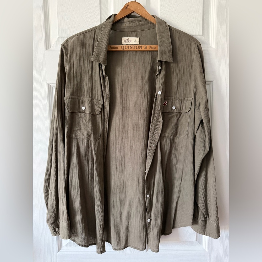 Hollister Olive Green Textured Button-Up Shirt